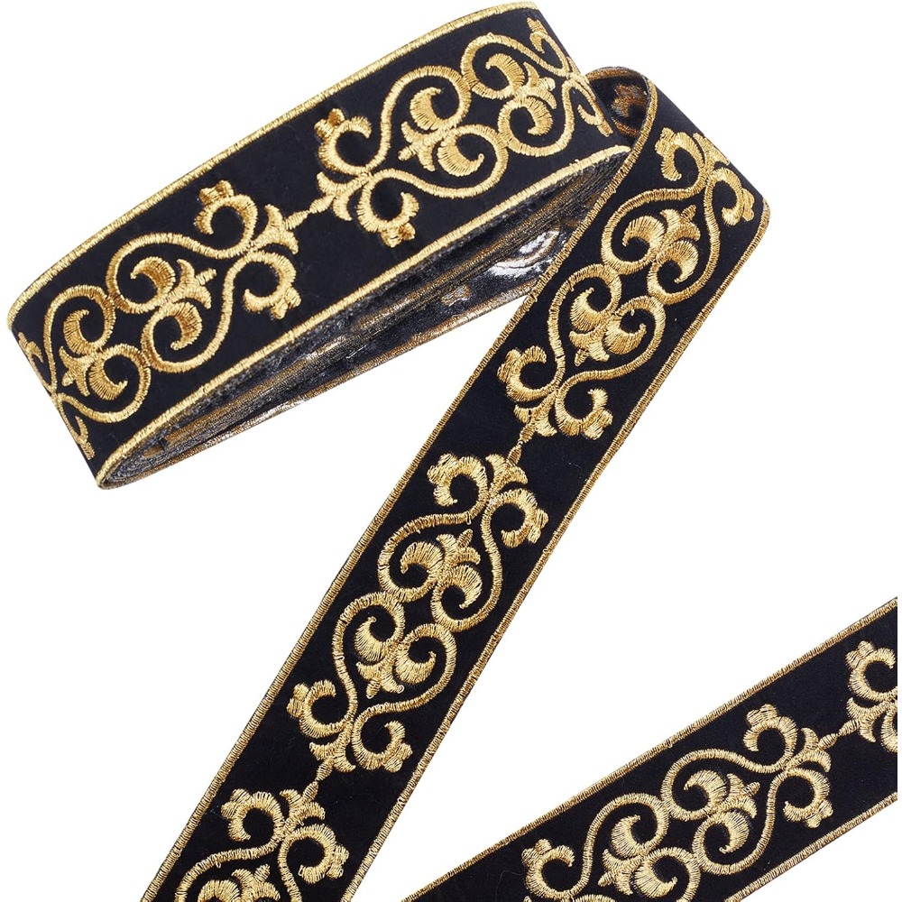 Golden Thread Embroidery Trim with Vintage Scroll Pattern, 2 Meters